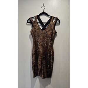 BEBE Size XXS Brown Sequin Sleeveless Mini Dress Glam Strappy Back Sparkle Glam